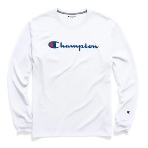 Champion Long Sleeve White Tee Shirt Script Chest Logo Size M Minor Flaws Shown